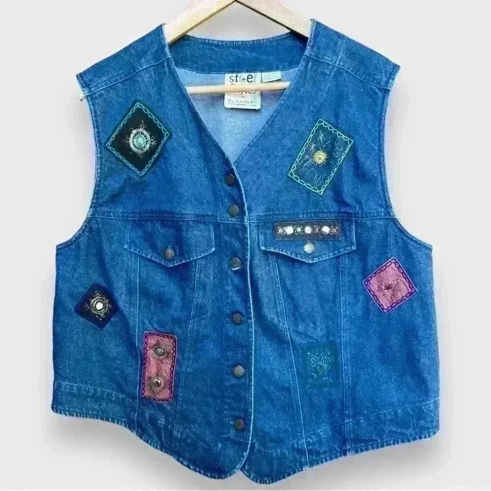 90s Vintage Street Styles by Elizabeth Oversized Denim Collared Vest w/ Patches